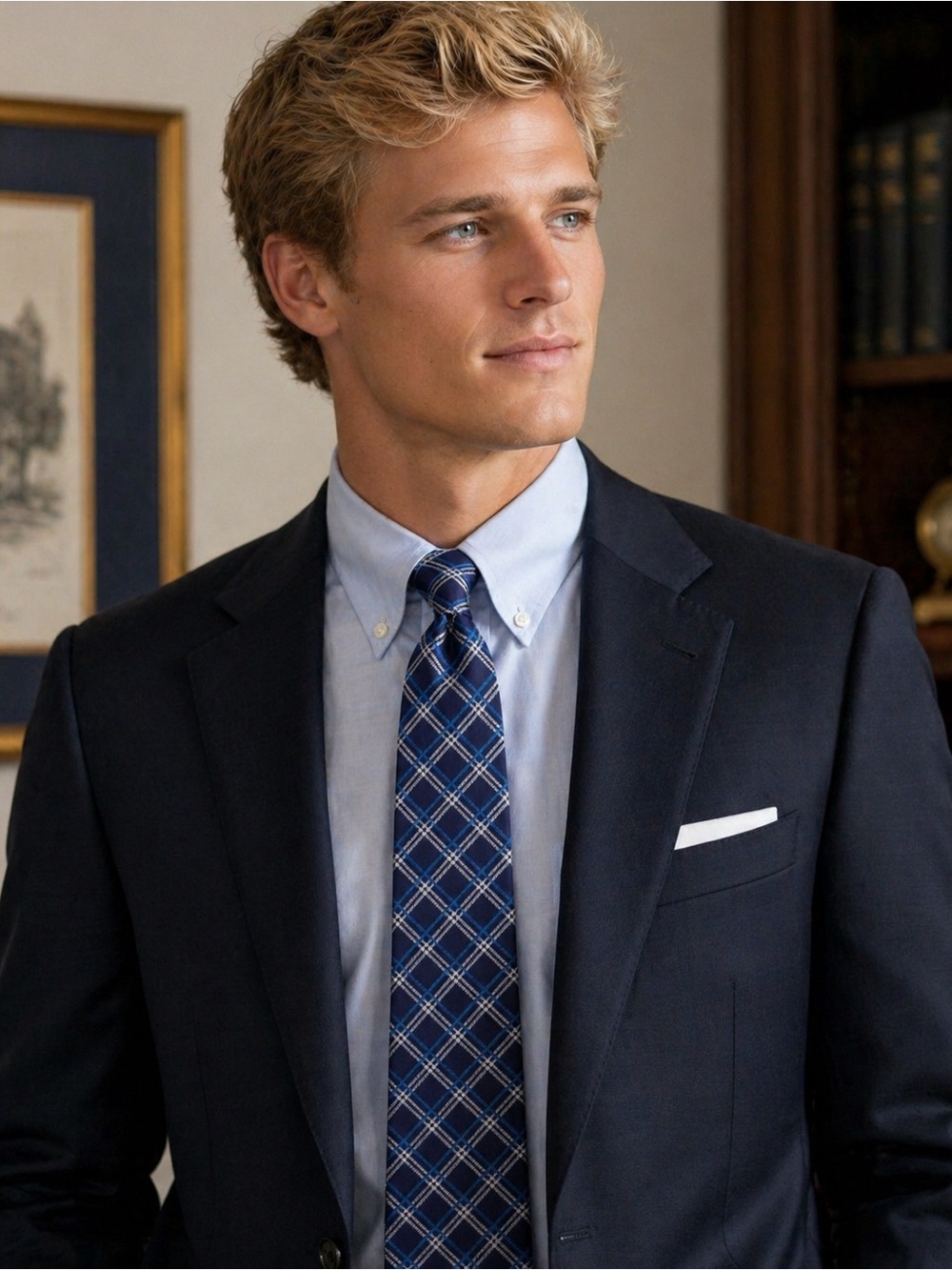 Brooks Brothers Silk Tie Navy Blue Plaid Check Classic Preppy